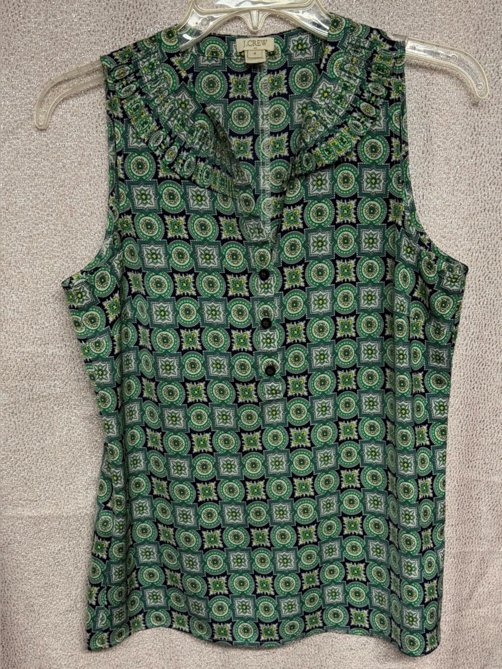 J. Crew Green Patterned Sleeveless Ruffle-Trim Top Women's Size 4